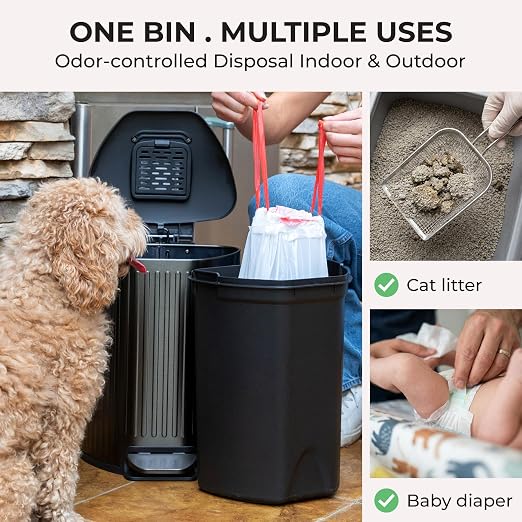 Dog Poop Trash Can Outside with Lid – 12L Stainless Steel Outdoor Trash Can with Reusable Charcoal Filter, Step-On Pedal & Bag Dispenser – Dog Waste Station, Cat Litter Trash Can & Diaper Pail