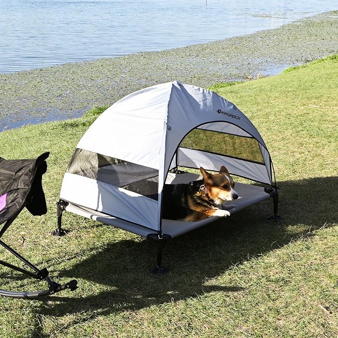 KINGROCK Elevated Dog Bed with Removable Canopy Portable Outdoor Pet Cot Waterproof 600D Oxford Fabric Anti Slip Feet for Large Dogs Camping Beach Indoor and Outdoor Use