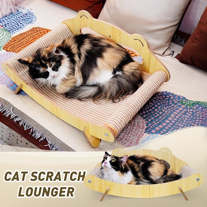 Sisal Cat Scratcher Bed with Hammock, Solid Wood Frame Cat Scratch Pad & Lounger for Indoor Cats, Durable Natural Sisal Cat Furniture Protector for Scratch, Rest and Sleep(Large)