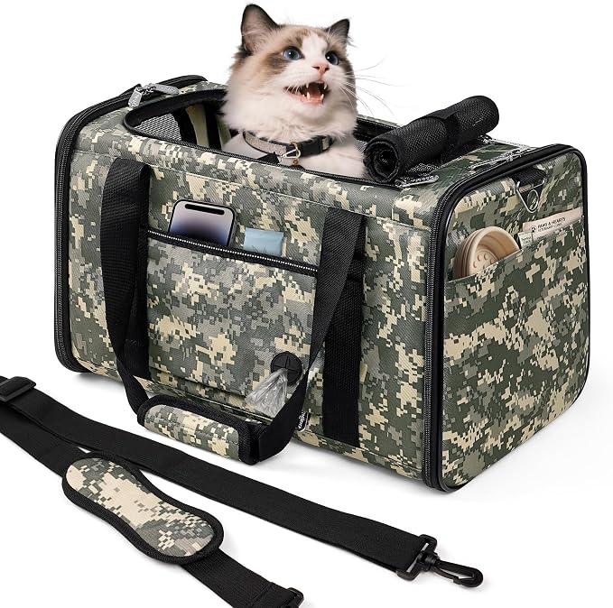 Cat Carrier Soft 25lbs Two Loading Pet Carriers Portable Small Dog Puppy Airline Approved Carrier with Side Pockets Foldable Portable for Outdoor Car Digital Camouflage