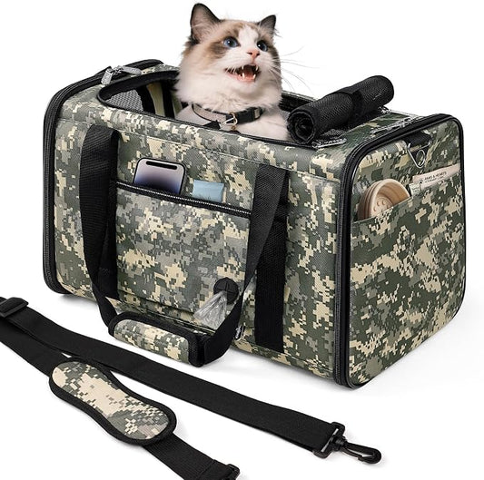 Cat Carrier Soft 25lbs Two Loading Pet Carriers Portable Small Dog Puppy Airline Approved Carrier with Side Pockets Foldable Portable for Outdoor Car Digital Camouflage