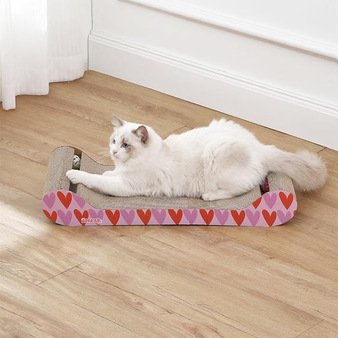 Rini 23.75" Modern Corrugated Cardboard Lounge Bed with Built-in Bell Toys and Catnip, Ergonomic Curved Sofa Scratcher for Indoor Cats, Pink/Red, (Set of 2) CSR1003D-SET2