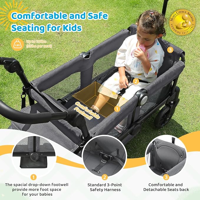 ELEMARA Foldable Wagon Stroller, Stroller Wagon for 2 Kids, Premium All Terrain Wagon for Kids with Removable Canopy, Adjustable Push/Pull Handle, Harnesses, Large Storage Bag, Grey
