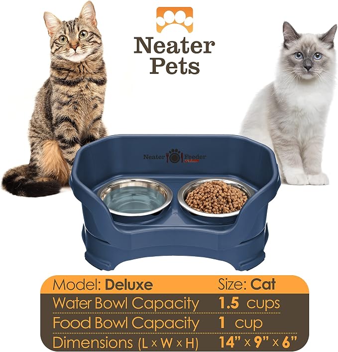 Neater Pet Brands Neater Feeder Deluxe Mess Proof Cat Bowls Elevated, Made in USA, No Spill Raised Bowls for Indoor Cats, Stainless Steel Food and Water Bowl Set, Pet Dish Feeding Station, Dark Blue