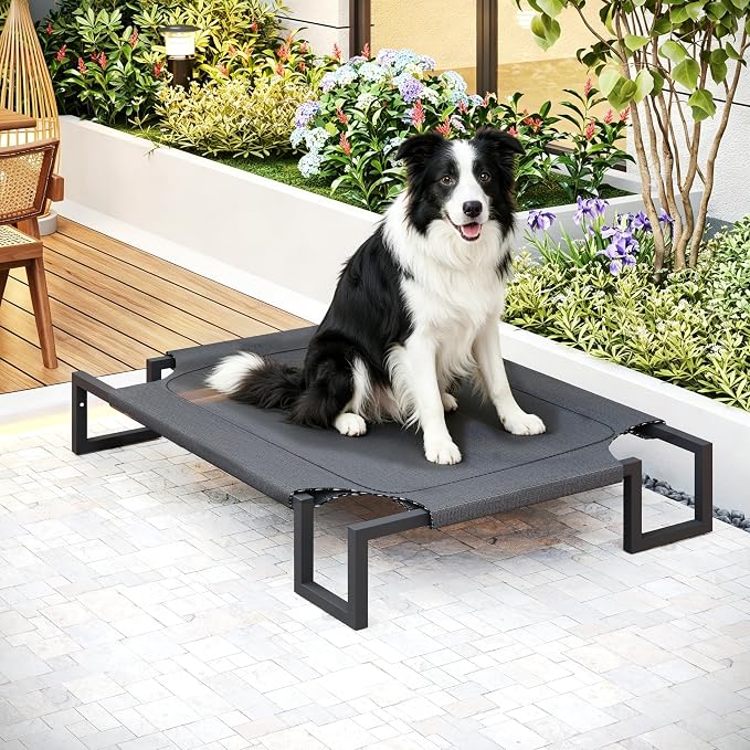 Elevated Dog Bed,Raised Outdoor Dog Bed for XLarge Sized Dogs | Waterproof Cooling Dog Cot with Washable Breathable Teslin Mesh,Pet Bed with Heavy Duty Frame,No-Slip Feet,Black 125×85×21cm