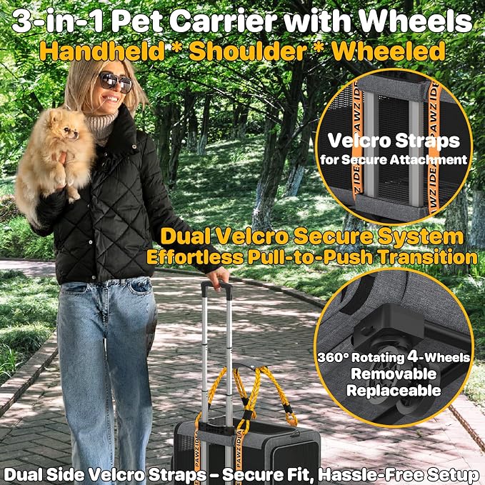 PAWZIDEA Expandable Pet Carrier with Wheels, 18"x11"x11" TSA Airline Approved Cat Carrier for 2 Cats Under Seat, Collapsible Soft-Sided Small Dog Rolling Travel Bag with Telescopic Handle, Up to 18lbs