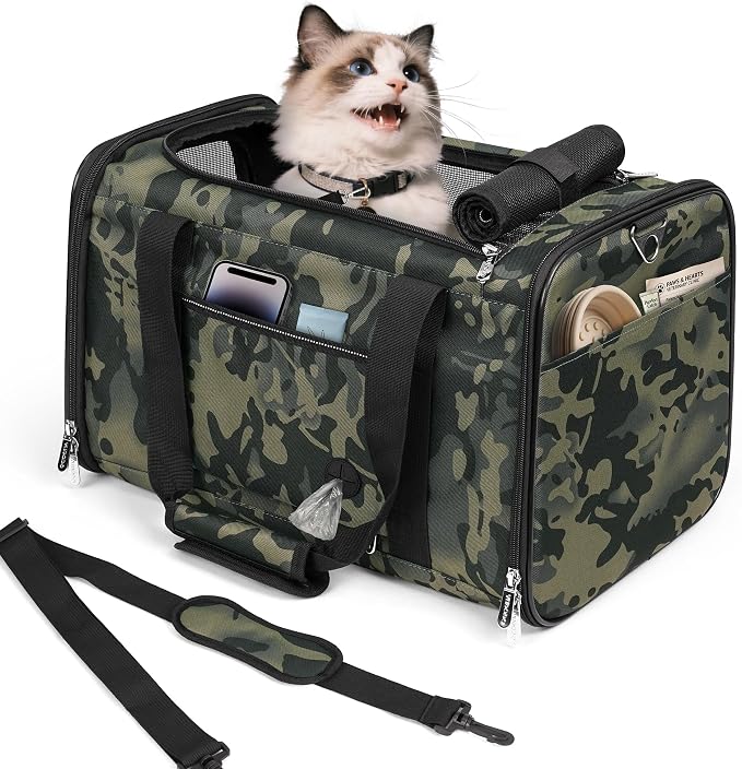 Cat Carrier Soft 25lbs Two Loading Pet Carriers Portable Small Dog Puppy Airline Approved Carrier with Side Pockets Foldable Portable for Outdoor Car Black Camouflage