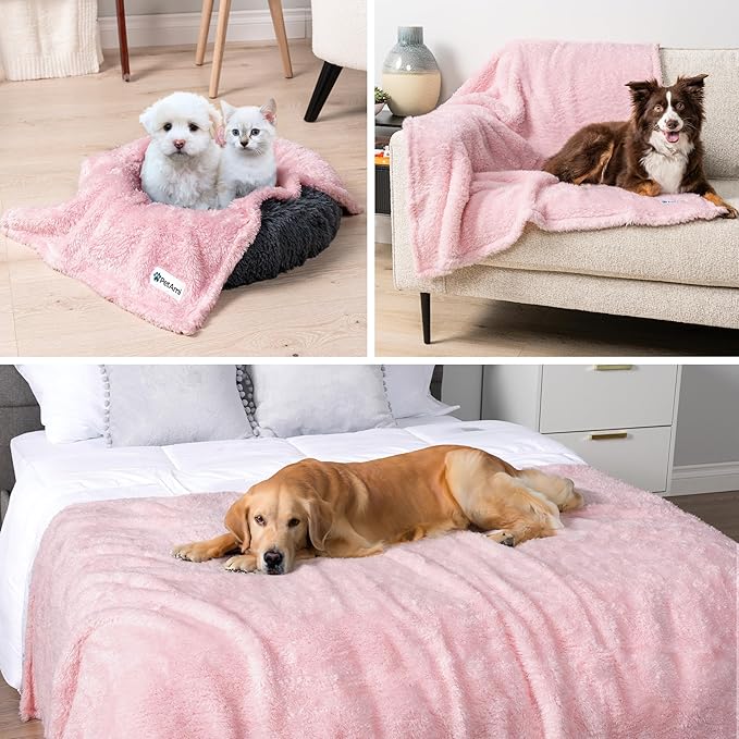 PetAmi Fluffy Waterproof Dog Blanket for Bed Large Dogs, Soft Warm Pet Sherpa Throw Pee Proof Couch Cover, Reversible Cat Blanket Sofa Crate Kennel Protector, Washable Mat (Pink Blush, 60x80)