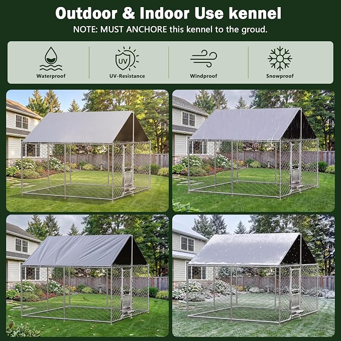 7.5 x 7.5ft Large Outdoor Dog Kennel with Rotating Feeder, HeavyDuty Dog Runs with Roof, Pet Playpen with Double Doors&Secure Lock, with Galvanized Chain Link for Dogs,Chickens,Ducks
