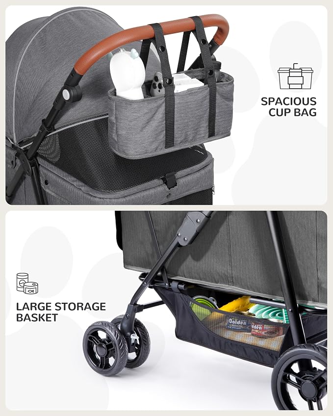 Dog Stroller for Large & Medium Dogs (20–132 lbs), Pet Stroller for 2 Small Dogs, Extra Large Heavy Duty, Foldable & Ventilated, Grey