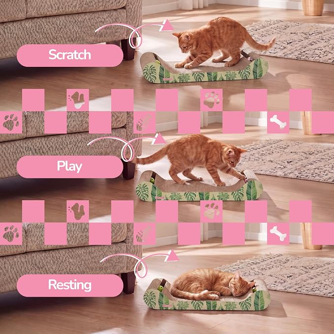 Rini 23.75" Modern Cardboard Cat Scratcher Lounge Bed with Built-in Bell Toys and Catnip, Ergonomic Curved Sofa Design, Mint/Green Leaf Pattern, Set of 2 CSR1003E-SET2