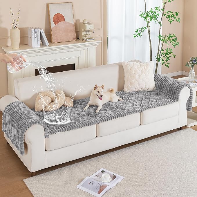 PuTian 100% Waterproof Fuzzy Couch Cover for Dogs Light Grey 27.6"x27.6" | Pet Friendly Dog Mat for Couch, Waterproof Sofa Protector, Scratch Resistant Furniture Cover for Dogs, Machine Washable