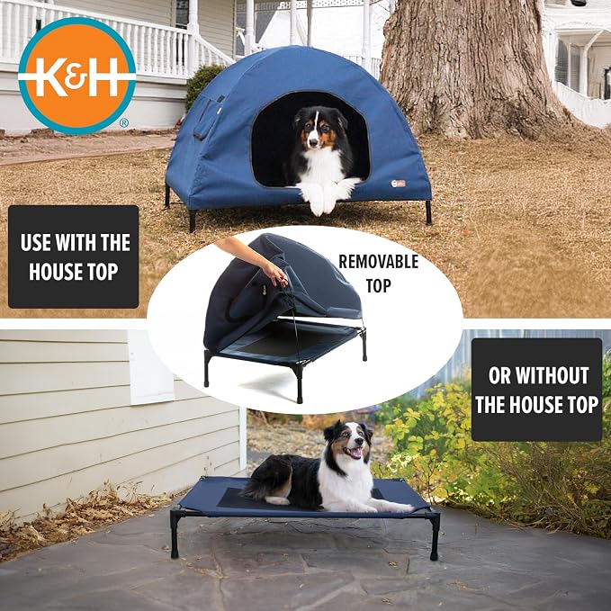 K&H Elevated Dog Bed, Outdoor Pet Cot House for Large Pets - 42x30in Blue | Outdoor Raised Dog Bed House, Enclosed Canopy, Window Flaps for Air Flow, Washable Cover, Raised Metal Frame, Collapsible