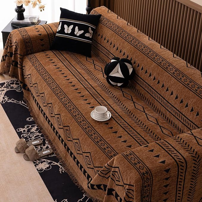 VClife Bohemian Couch Cover for Dog, Plush Thick Chenille Aztec Couch Cover for 2 Cushion Couch Sofa Pet Friendly Sofa Slipcover with Tassel 71"X118"