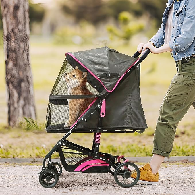 22” Buddy Buggies Foldable Pet Stroller - Shock Absorbing Frame with Storage - Machine Washable Fabric - Durable Mesh & UV Protected Retractable Canopy - Cat & Dog Stroller Up to 30lb