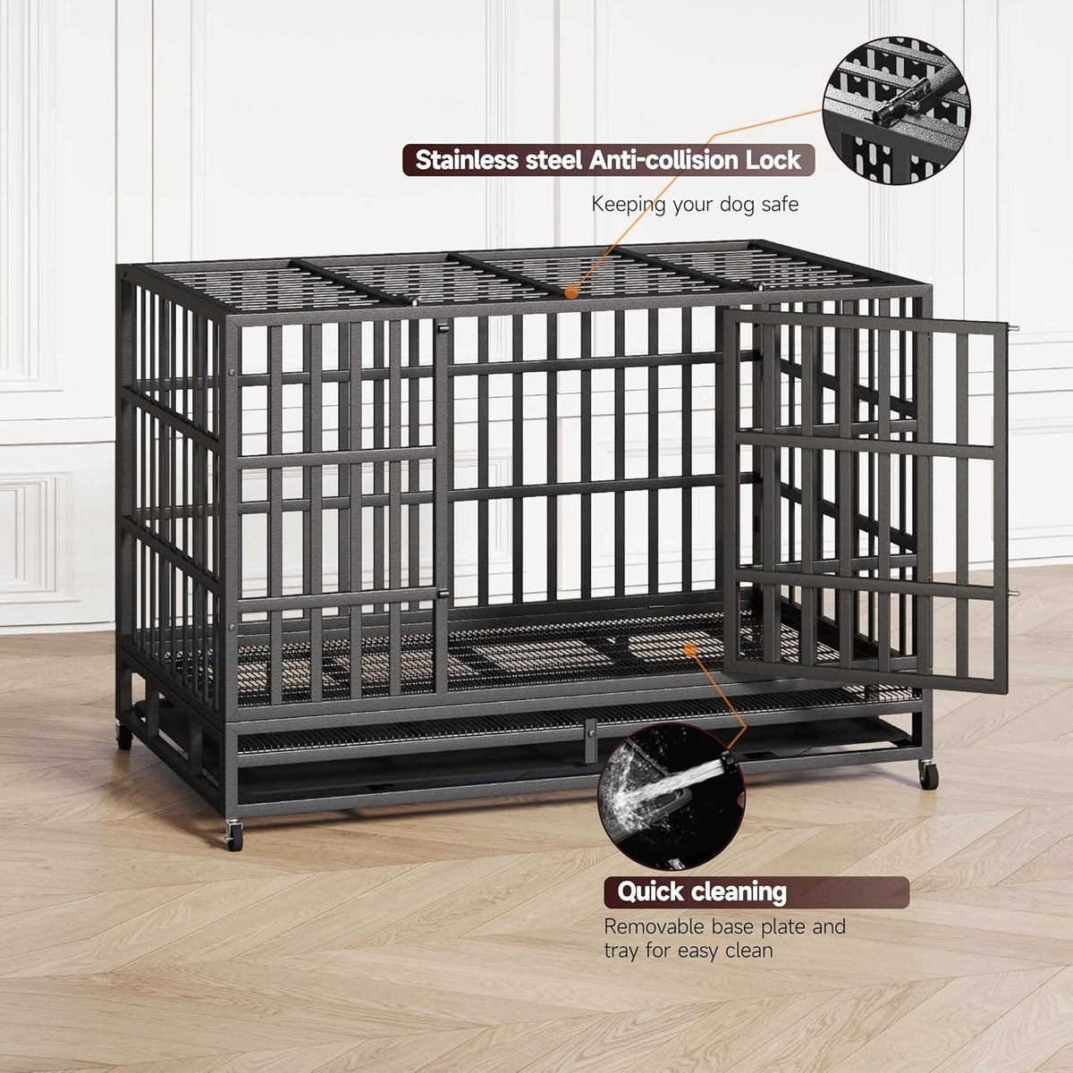 48 Inch Heavy Duty Indestructible Dog Crate Steel Escape Proof, High Anxiety Cage, Kennel with Wheels, Removable Tray, Extra Large XL XXL