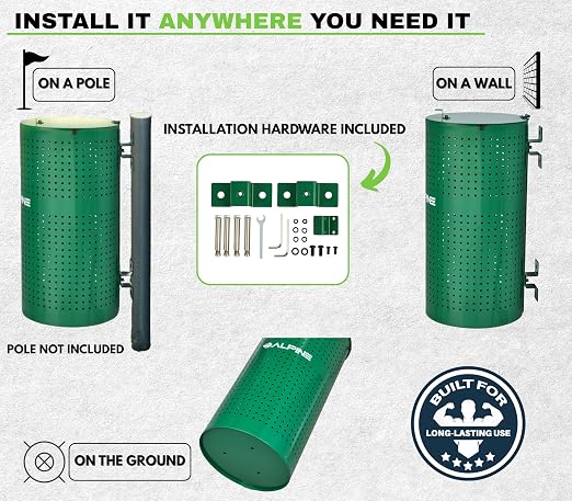 Alpine Dog Waste Station Outdoor 13.5 Gallon Commercial Pet Poop Trash Can | Weather Resistant Steel, Floor, Wall or Pole Mounted, for Dog Parks, HOA, Public Areas & Trails, Green