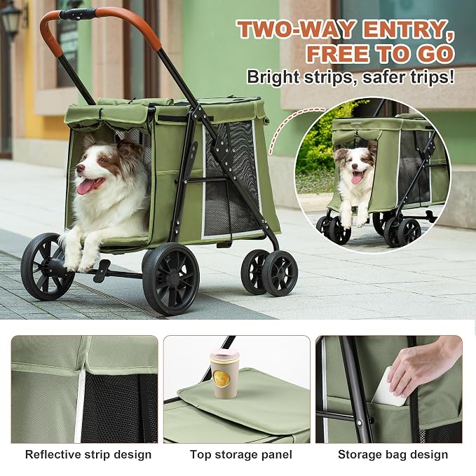 Medium Dog Stroller, Dual Entry One-Touch Folding,Small and Medium Pet Stroller,360° Rotating Front Wheels,80 lbs Weight Capacity for Outdoor Travel and Elderly Dogs - Green