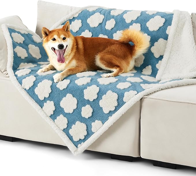 LE SURE Waterproof Dog Blankets for Large Dogs Cute Cozy 3D Jacquard,40x50 | Warm Soft Pet Blanket for Senior Dogs Aesthetic Gift, Washable Sherpa Throw, Reversible Couch Protector, Clouds Blue