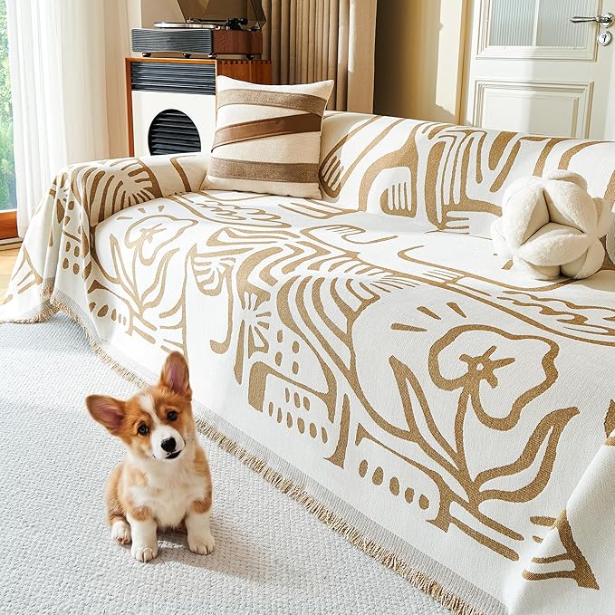 MYSKY HOME Couch Cover for Dogs, Washable Couch Covers, Sofa Covers for Sectional Sofa, Couch Cover 2 Cushion Sofa Dogs Furniture Protector, Chenille Sofa Covers for Pets, 71"x118", Abstract Khaki