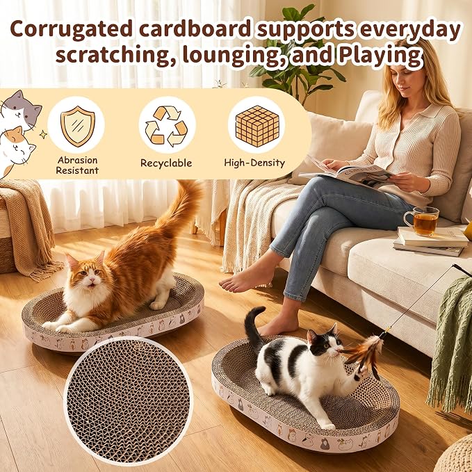 PatiencET Oval Cat Scratcher Bed for Indoor Cats with Catnip | Corrugated Cardboard Pad, Cat Scratching Board for Scratching, Stretching, Playing and Lounging, 17 x 12 Inch