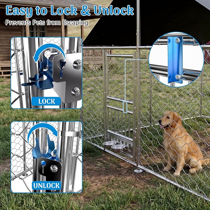Redlife 7.5x7.5FT Heavy-Duty Outdoor Dog Kennel with Roof | Galvanized Steel Dog Cage, 360° Rotating Feeding Bowls, Double Door Opening, Waterproof Cover, Large Backyard Pet Enclosure