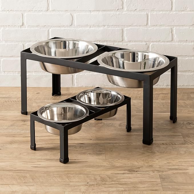 Pilsen Raised Dog Feeder - 10" Tall - Black, Metal - Elevated Pet Bowl Feeder with Stainless Steel Bowls