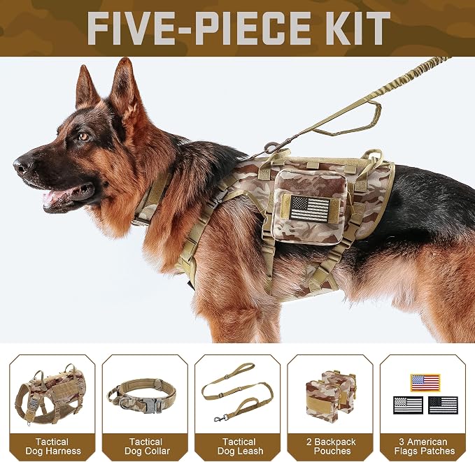Forestpaw Tactical Dog Harness Collar Bungee Leash Set,L,Camo Brown | Adjustable Fits 27-40" Chest,70-140 lbs,No Pull Control Military,Quick Release Buckle,Walking Training for Medium Large Dogs