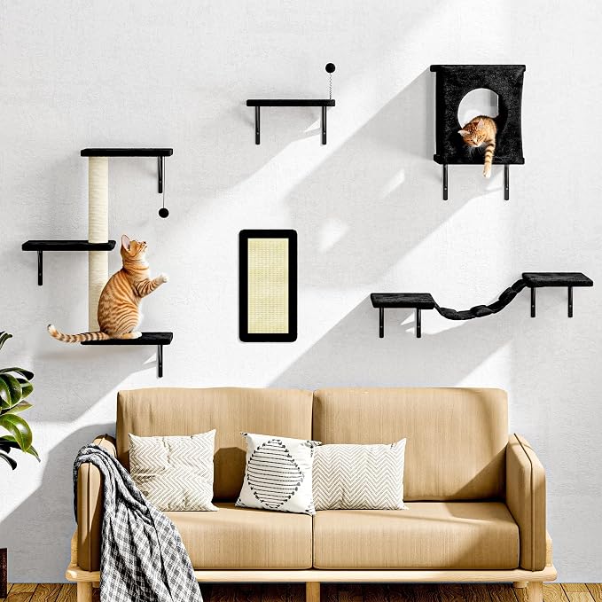 5 Pcs Cat Wall Shelves Set, Wall-Mounted Climber with Cat House, Scratching Post, Bridge, Hammock, Space-Saving Play Furniture, Black