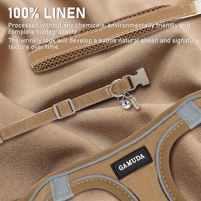 GAMUDA Small Pet Harness Collar and Leash Set, Step in No Chock No Pull Linen Fabric Soft Mesh Dog Vest Harnesses Reflective for Dogs Puppy Cats Kitten Rabbit (Brown, L)