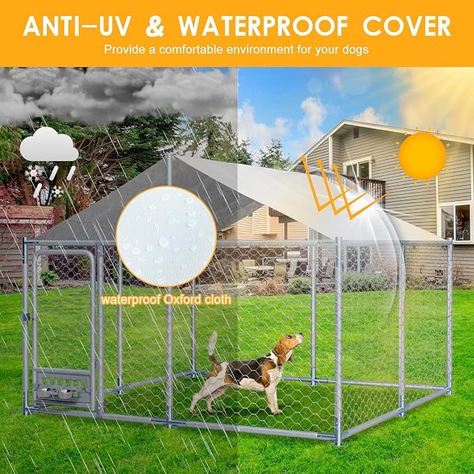 7.5×7.5×5.3 FT Outdoor Dog Kennel Enclosure w/Roof, Rotating Feeder | Large Heavy Duty Dog Run Playpen with 2 Stainless Bowls, Galvanized Pet House with Secure Lock, Waterproof Cover