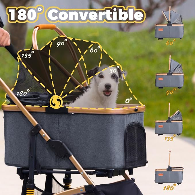 Dog Stroller for Small Dogs, Lightweight Pet Stroller for 2 Cats Dogs with 6 Shock Absorption System, Detachable Carrier Suitable for Car Seat & Hand Carry, Safe Outings, Gray