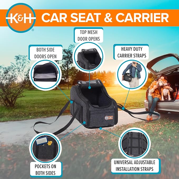 K&H Dog Car Seat, Portable Pet Center Console Seat, for Pets Under 8 lbs. | Secure Armrest Booster Cat Carrier with Safety Tether, Zippered Enclosure, 2 Pockets, Washable Plush Pad, 15x10x9.5, Charcoal