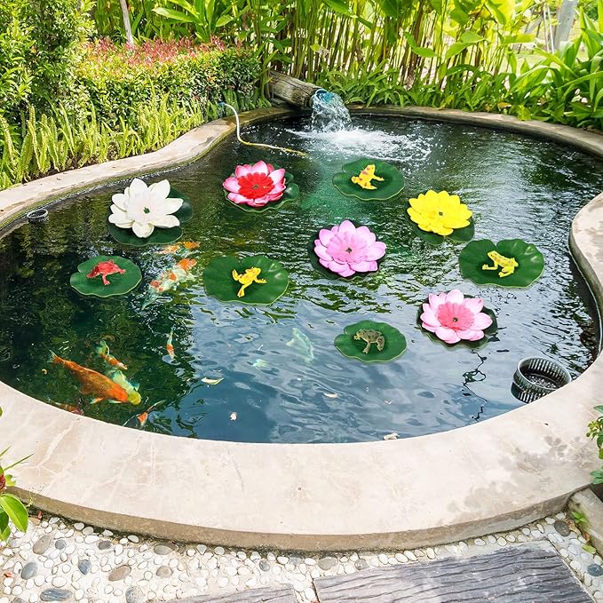 22 Pcs Water Lily Pad Artificial Floating Lotus Flower with Plastic Frog Figures Toy Set for Garden Home Decor Party Favor Koi Pond Accessories Ornament Indian Diwali Decorations Return Gifts