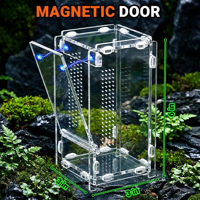 Jumping Spider Enclosure, Acrylic Terrarium with with Magnetic Doors, 0.8mm Micro-Ventilation, Stackable Escape-Proof Habitat for Jumping Spiders (3”x3”x6”x2Pack)