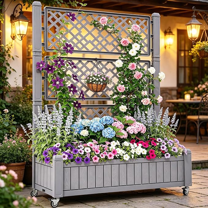 YITAHOME 42.5x14.2x61 in Planter Box with Trellis, All-Weather Raised Garden Bed with Wheels & Drain Plug, Outdoor Privacy Screen for Climbing Plants Flowers Herbs, Brown