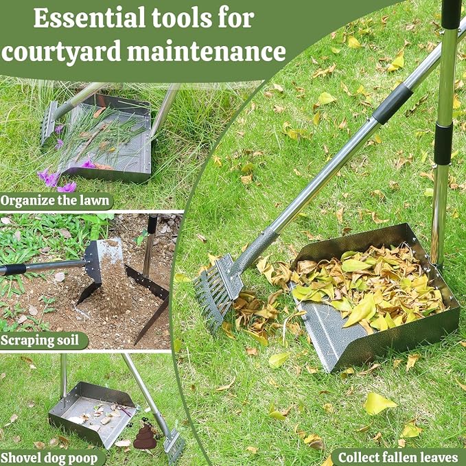 T2Y Pooper Scooper for Large Dogs, Rake & Spade & Extra Large Tray Set | 48" Tall No-Bend | 9.4'' Large Tray | Stainless Steel | Adjustable | Works on Grass, Gravel & Dirt | Easy to Install