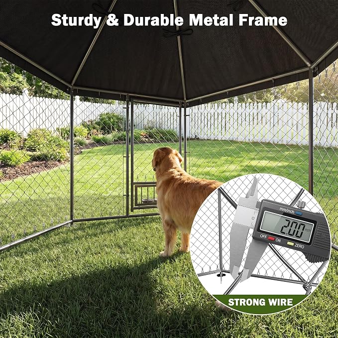 Dog Kennel Outdoor Enclosure with Roof, 6.9x6.9x5.9ft Heavy Duty Galvanized Steel Outside Dog Run with Adjustable Rotating Bowls for Yard, Medium Large Dogs