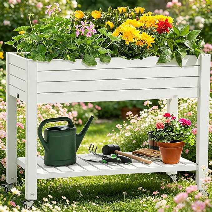 YITAHOME Raised Garden Bed with Wheels 43.3x17.7x34 in Raised Planter Box with Legs, Drain Plug and Storage Shelf, Elevated Planter Box for Plants Vegetables Flowers Herbs, White