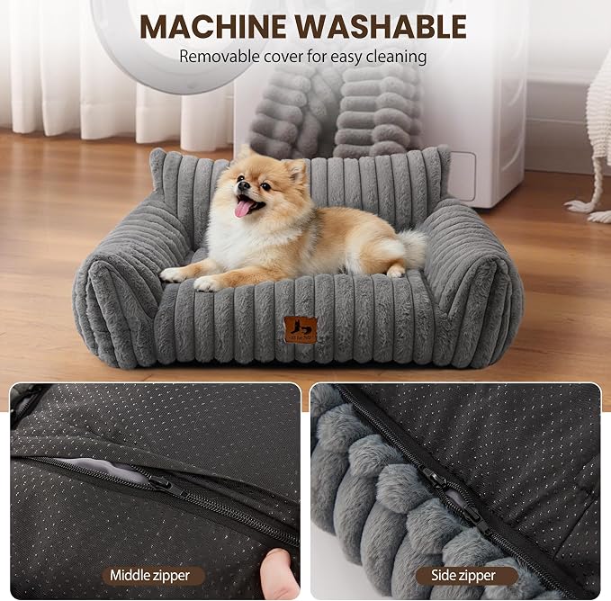 Cat Couch for Pets, Cute Small Dog Couch Bed with Cozy Soft Faux Rabbit Fur for Small Dogs, Fuzzy Dog Couch for Indoor Cats, Supportive Pet Sofa with Removable Washable Cover, Light Gray, 30"