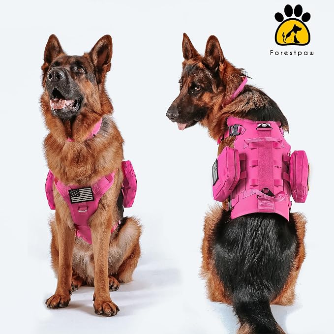 Forestpaw Tactical Dog Harness Collar Bungee Leash Set,L,Hot Pink | Adjustable Fits 27-40" Chest,70-140 lbs,No Pull Control Military,Quick Release Buckle,Walking Training for Medium Large Dogs