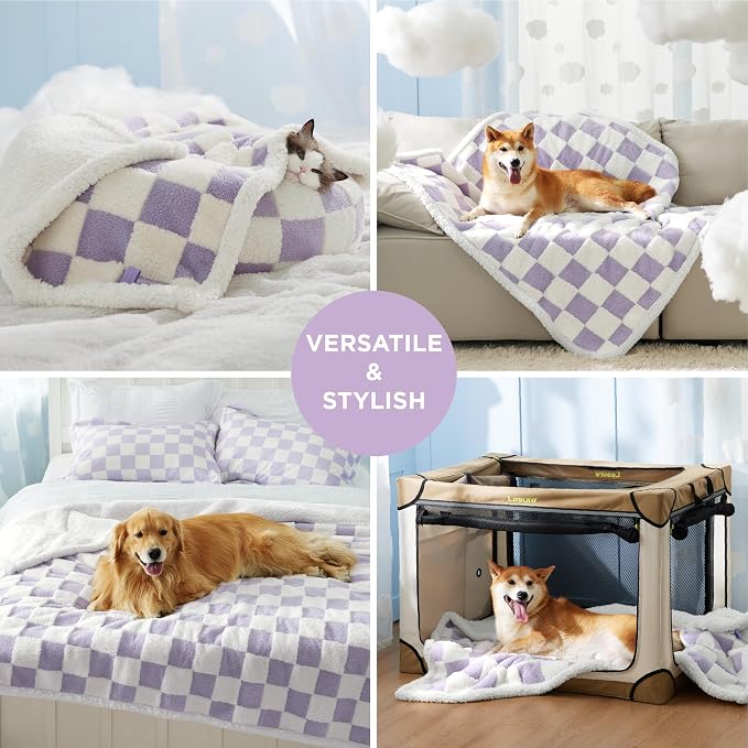 LE SURE Waterproof Dog Blankets for Medium Dogs Cute 3D Jacquard,30x40 | Puppy Blanket for Cat Aesthetic Gift, Warm Soft Sherpa Throw Washable, Reversible Pet Couch Protector, Lavender Checks