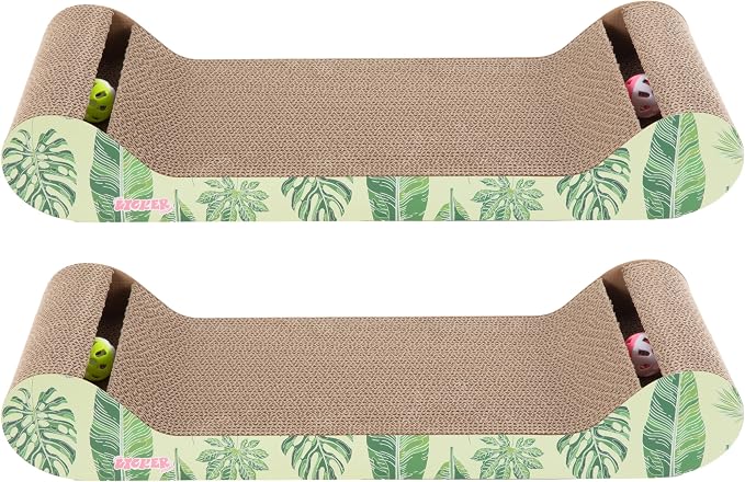 Rini 23.75" Modern Cardboard Cat Scratcher Lounge Bed with Built-in Bell Toys and Catnip, Ergonomic Curved Sofa Design, Mint/Green Leaf Pattern, Set of 2 CSR1003E-SET2