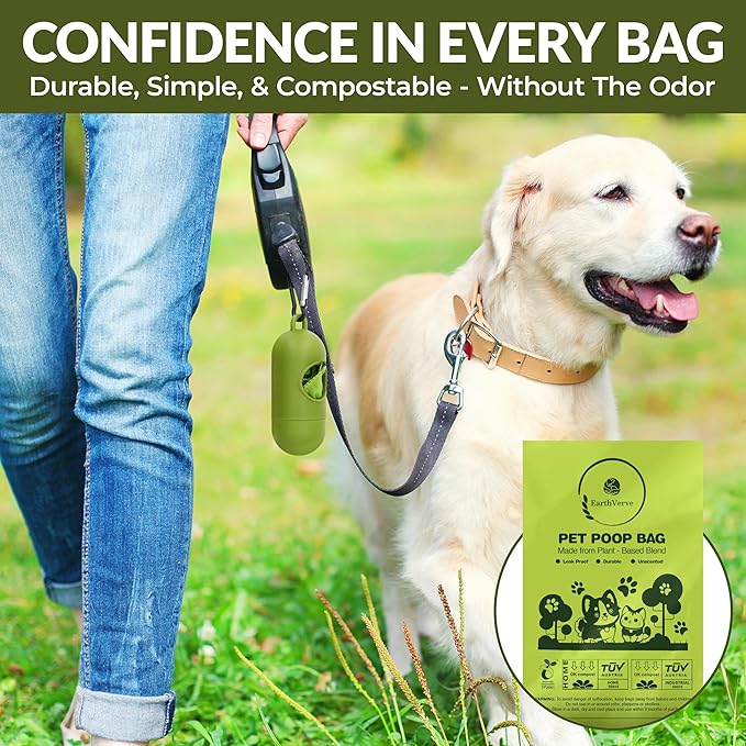 EarthVerve Dog & Cat Compostable Poop Bags (180 Counts w/Dispenser) - Plant Based, Enhanced Leak-Resistant, Odor-Resistant & Durable – Unscented,Sustainable Cleanup Solution –10% to Animal Rescue