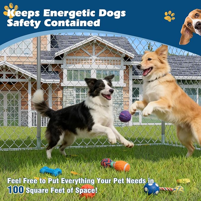 10×10×7 FT Outdoor Dog Kennel Enclosure w/Roof, Rotating Feeder | Large Heavy Duty Dog Run Playpen with 2 Stainless Bowls, Galvanized Pet House with Secure Lock, Waterproof Cover