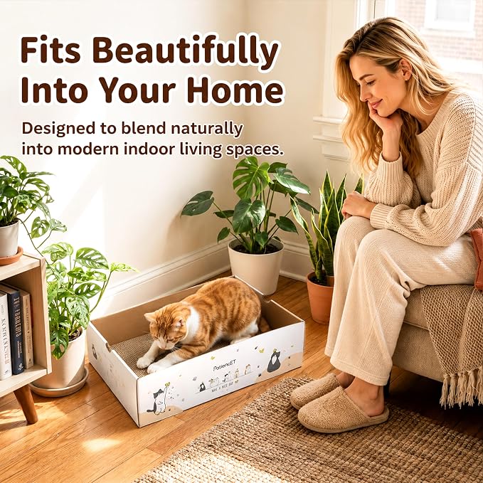 PatiencET Cat Scratch Pad with Box, Corrugated Cardboard Scratcher | Raised edges, less mess, cozy lounge, furniture protection, double-sided scratch surface, replaceable design, catnip included