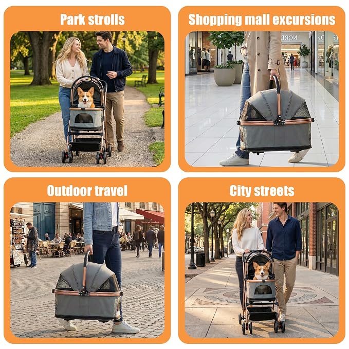Pet Stroller with Removable Carrier | Lightweight Cat and Dog Stroller with One-Touch Folding|Aluminum Alloy Frame|900D Oxford Fabric and Rain Cover for Travel