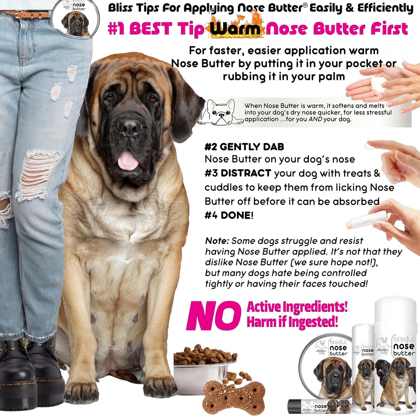 The Blissful Dog Mastiff Nose Butter for Dry, Cracked Skin, Lick-Safe Dog Nose Balm with Moisturizing Shea Butter, Almond, Olive, and Essential Oils, Pet Supplies, Uncented, 4 oz.