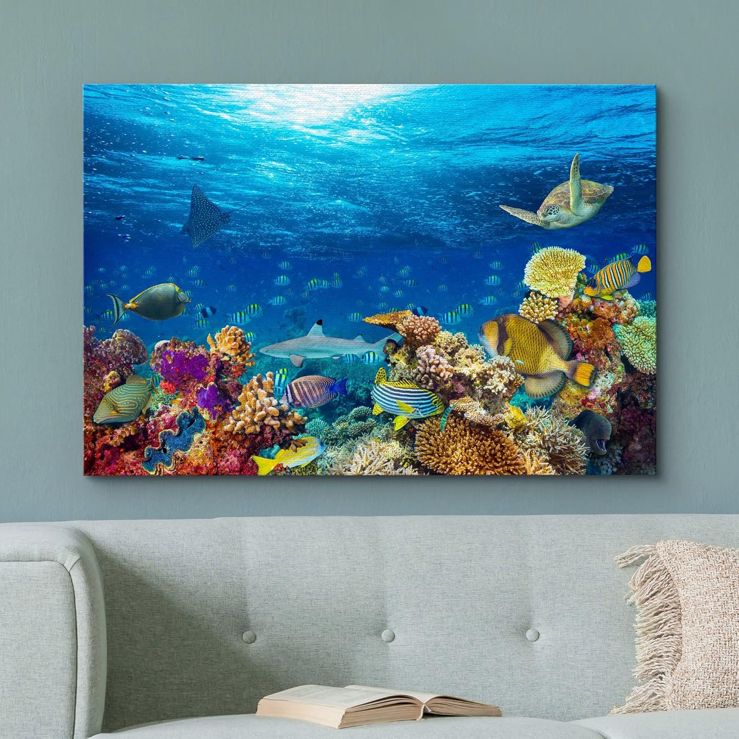 wall26 Canvas Print Wall Art Vibrant Sunshine Ray Coral Reef Turtle Fish Nature Animals Photography Realism Rustic Scenic Landscape Wilderness Colorful for Living Room, Bedroom, Office - 24"x36"
