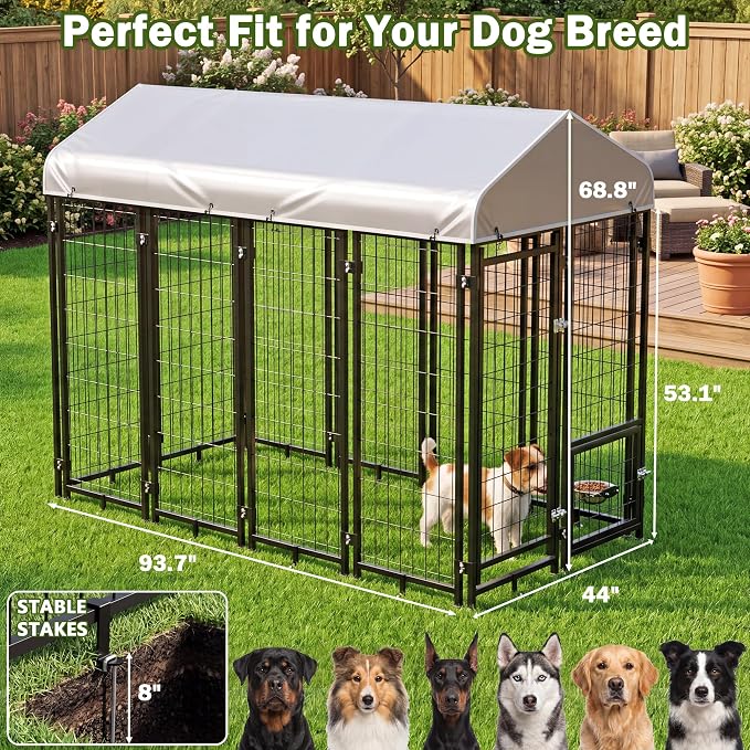 Dog Kennel Outdoor Enclosure with Roof, 8x4x6 FT Heavy Duty Outside Dog Run with Adjustable Bowls for Yard, Medium Large Dogs